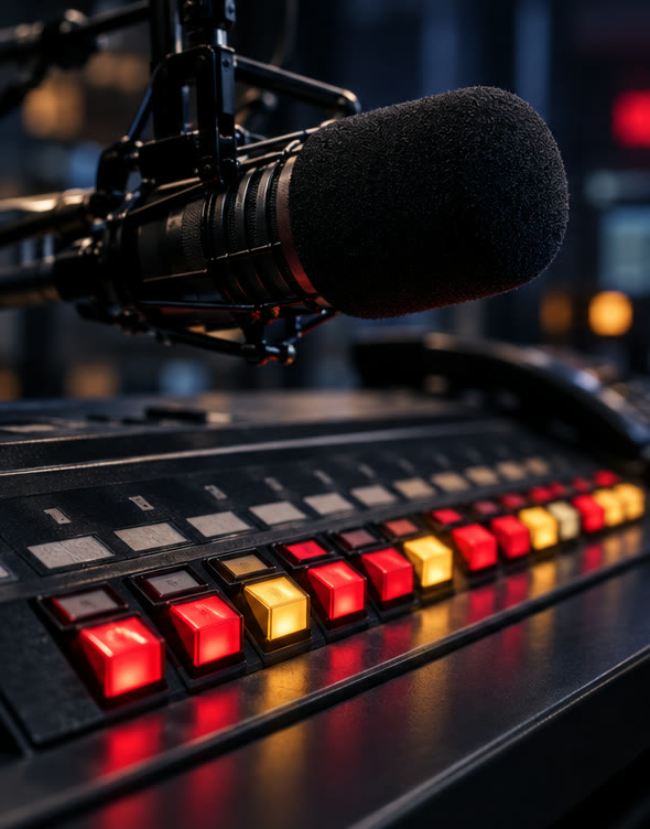 Illustration of a studio call-in console with lit line buttons and a microphone