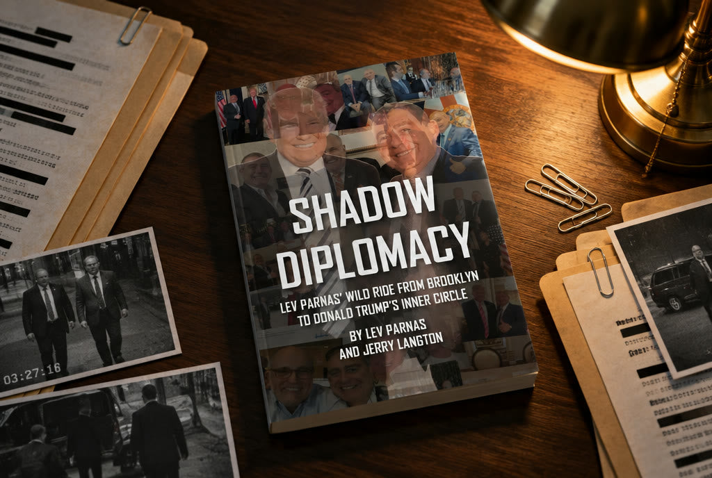 Shadow Diplomacy on a walnut desk among folders, documents and photographs